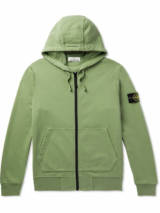 Photo: Stone Island - Garment-Dyed Logo-Appliquéd Cotton-Jersey Zip-Up Hoodie - Green
