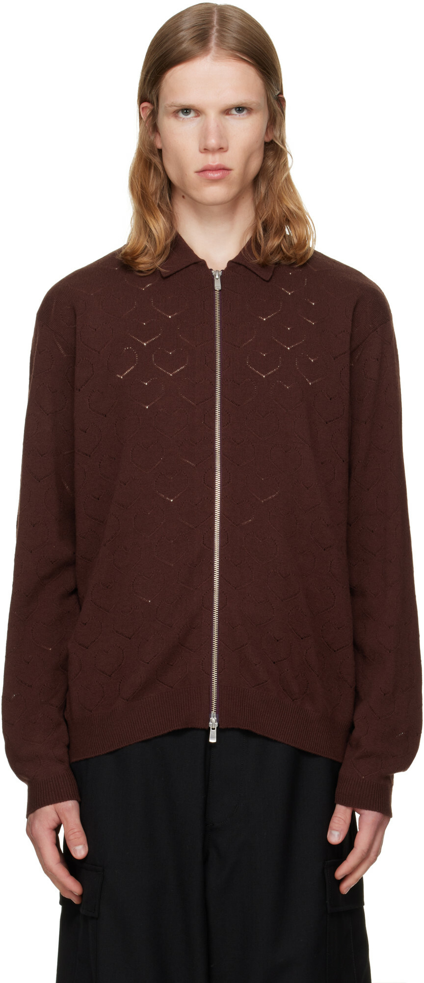 vowels Brown Eyelet Knitted Zip-Up Sweater