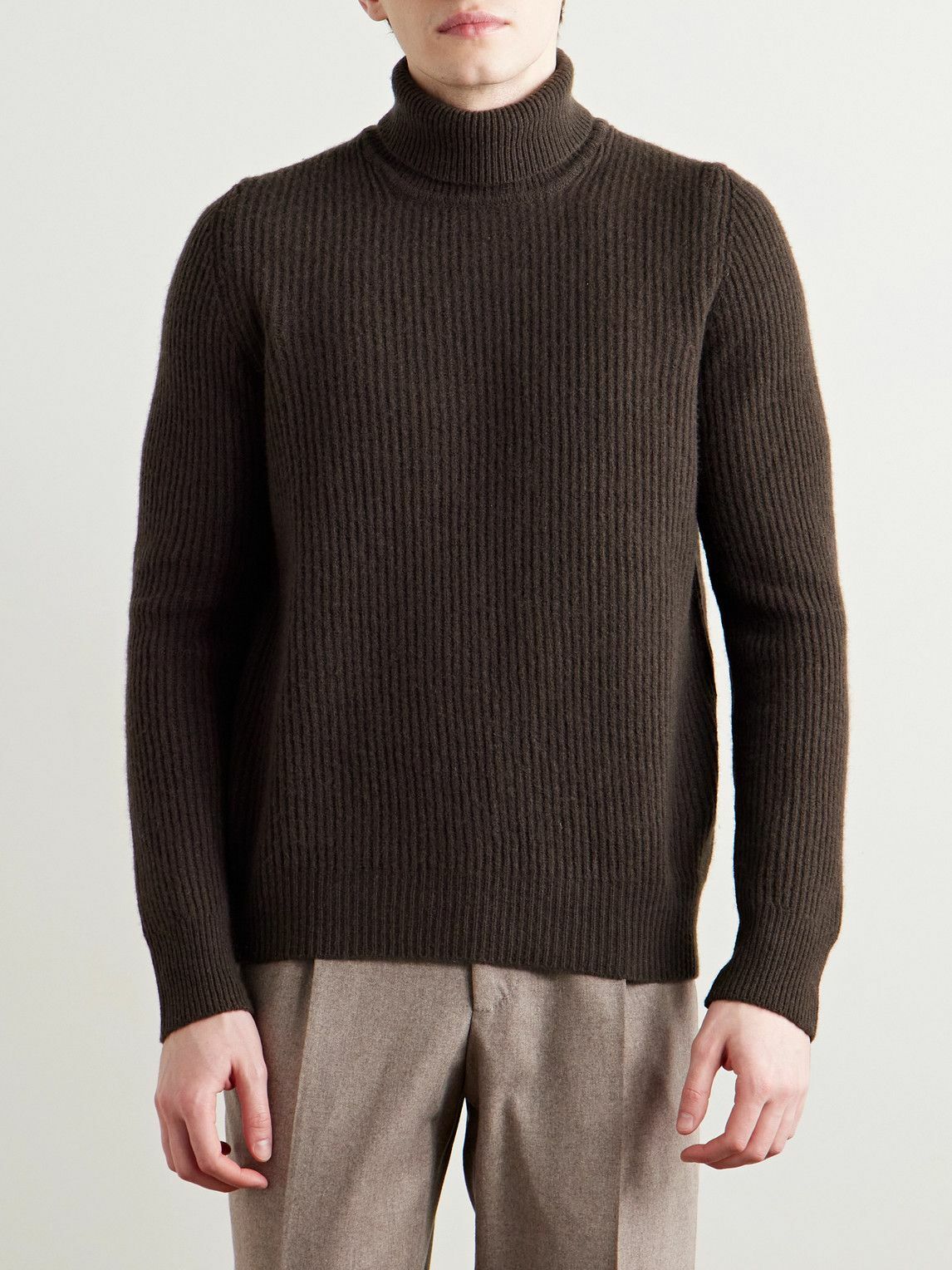 De Petrillo - Slim-Fit Ribbed Merino Wool and Cashmere-Blend Rollneck Sweater - Brown
