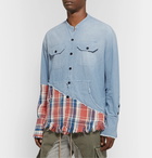 Greg Lauren - Grandad-Collar Panelled Cotton-Chambray and Checked Canvas Shirt - Blue