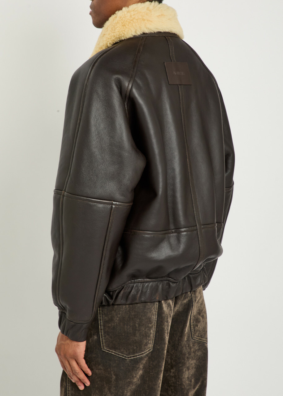 Jacquemus Le Bombardier Leather Bomber Jacket Dark Brown
