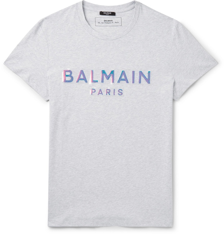 Photo: Balmain - Slim-Fit Iridescent Logo-Embossed Cotton-Jersey T-Shirt - Gray