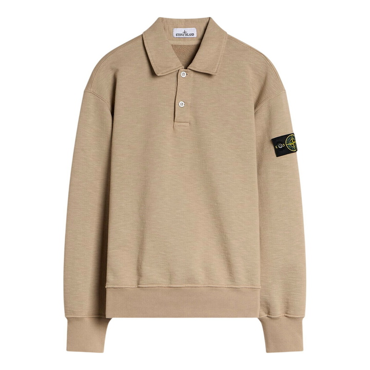 Photo: Stone Island Men's Tubular Cotton Garment Dyed Polo Sweatshirt in Biscuit