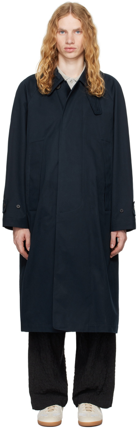 DOCUMENT Navy Ventile Cotton Inverted Pleats Balmacaan Coat