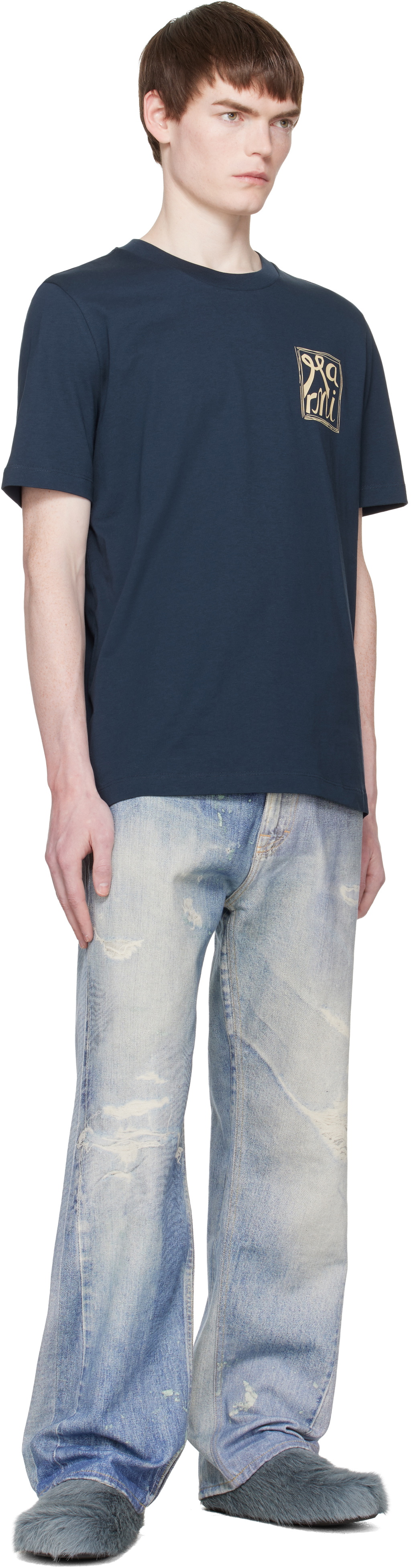 Marni Navy Cotton 'Marni Frame Logo Print' T-shirt