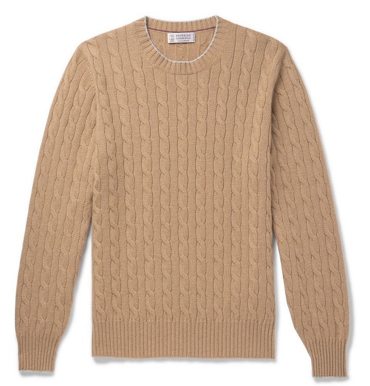 Photo: Brunello Cucinelli - Contrast-Tipped Cable-Knit Cashmere Sweater - Men - Beige
