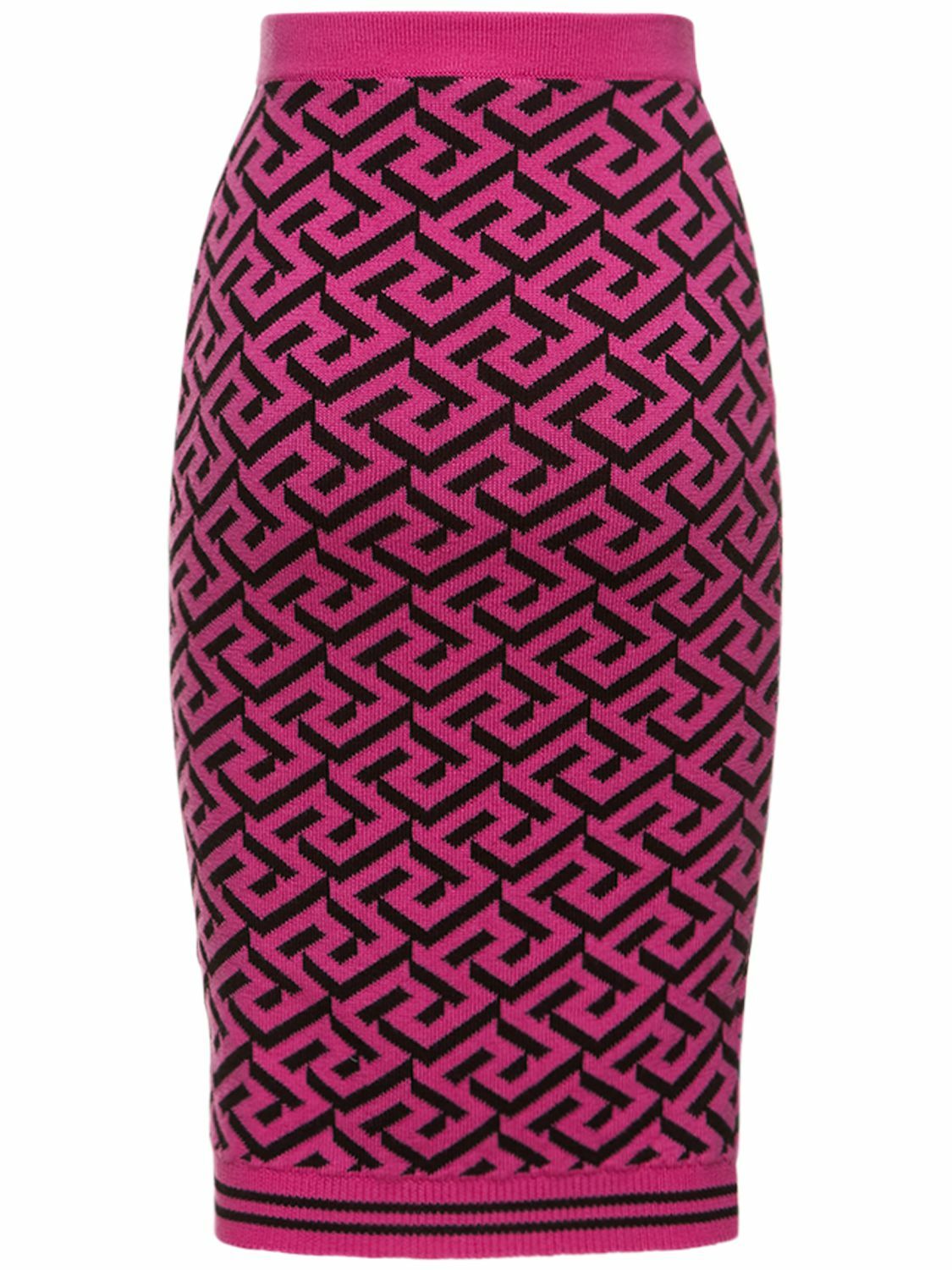 VERSACE - Monogram Wool Blend Knit Midi Skirt Versace