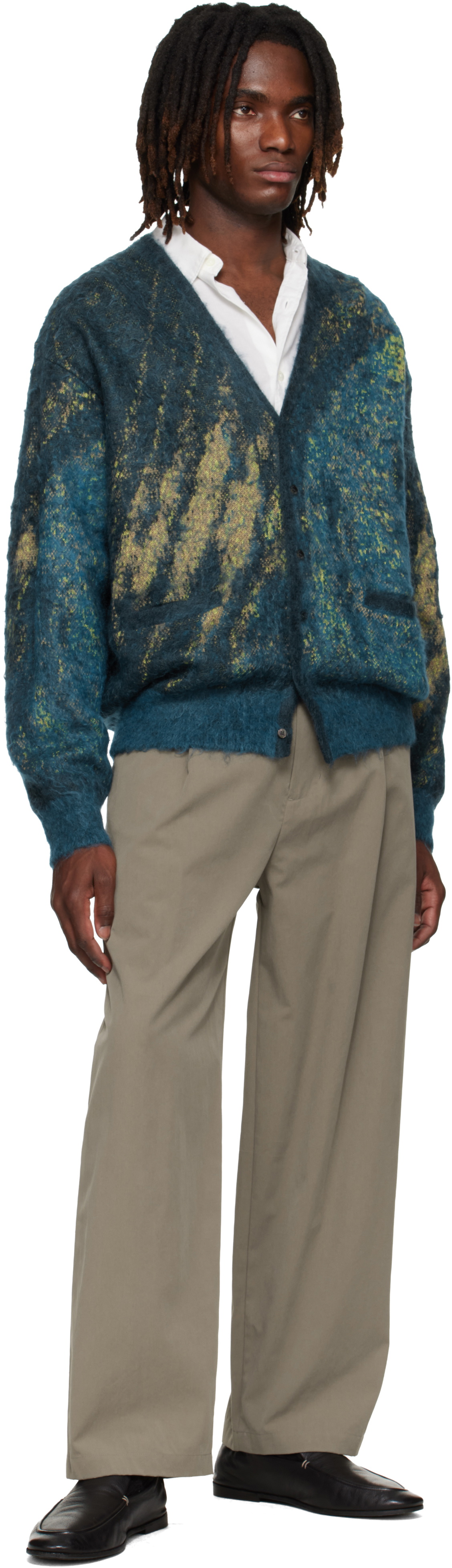 YOKE Blue & Green Abstract Jacquard Mohair Cardigan