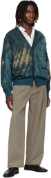YOKE Blue & Green Abstract Jacquard Mohair Cardigan