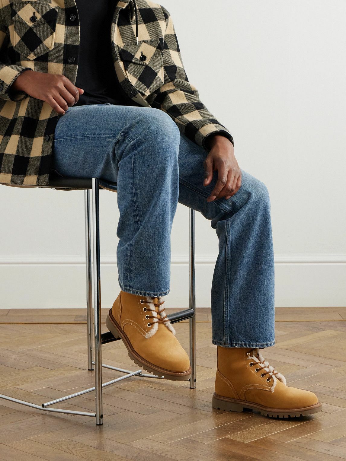 CELINE - Shearling-Trimmed Nubuck Boots - Brown