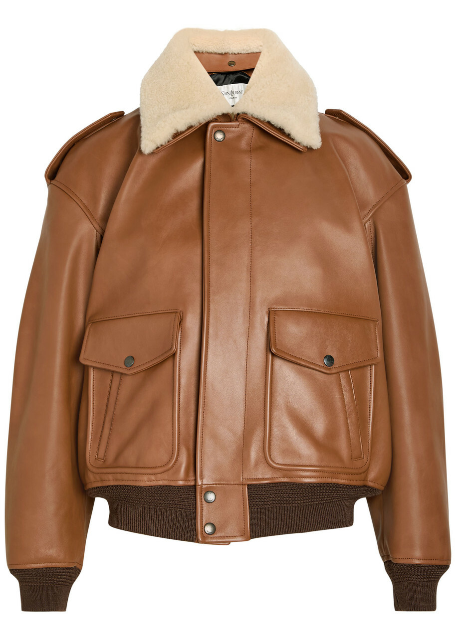 Saint Laurent Detachable-collar Shearling and Leather Jacket Terracotta
