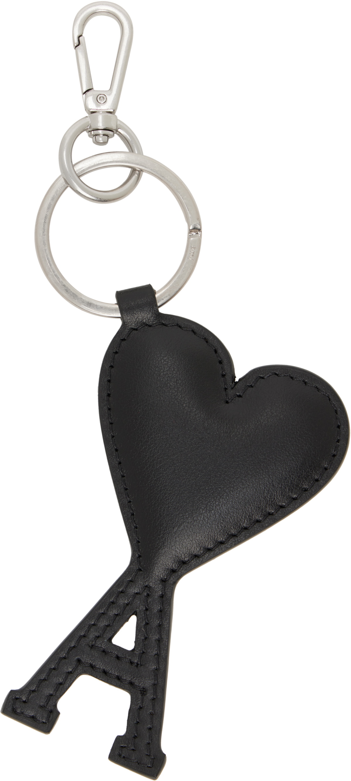 AMI Paris Silver & Black Leather Ami de Coeur Keychain