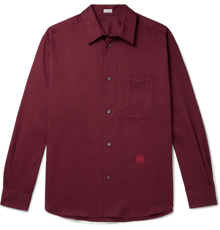 Photo: LOEWE - Logo-Embroidered Cotton-Drill Shirt - Burgundy