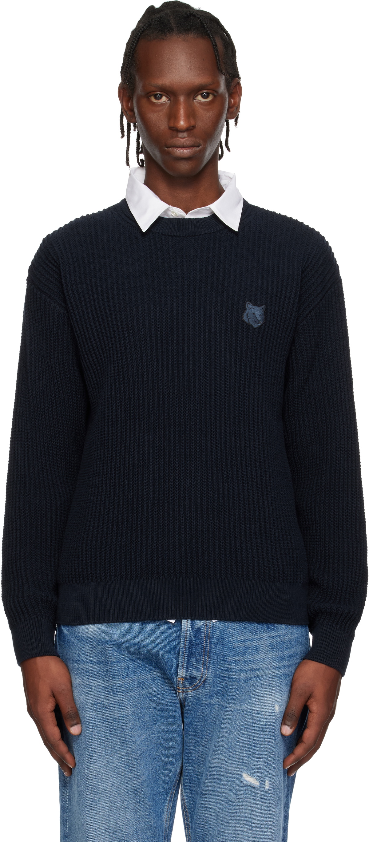 Maison Kitsuné Navy Fox Head Cotton Ribbed Sweater