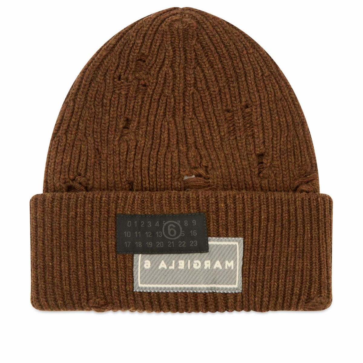 MM6 Maison Margiela Men's Ribbed Distressed Beanie in Brown Melange