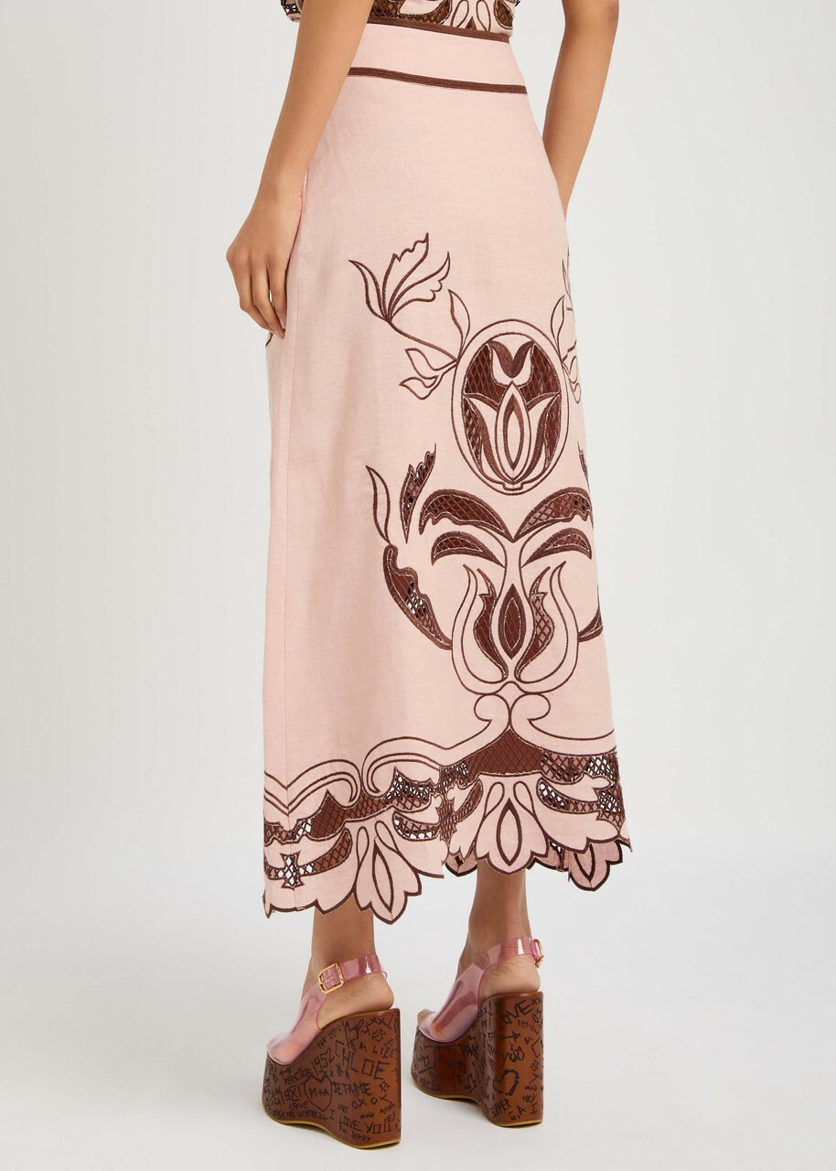 Lug Von Siga Rosalie Embroidered Linen Midi Skirt Pink