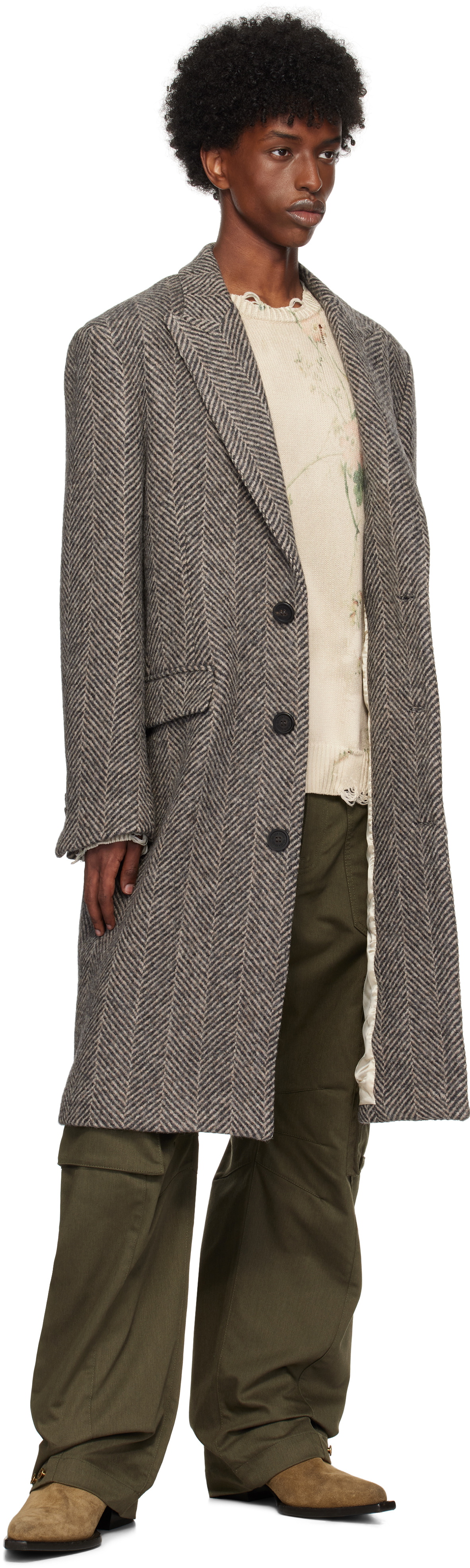 Golden Goose Gray Single-Breasted Wool Herringbone Coat