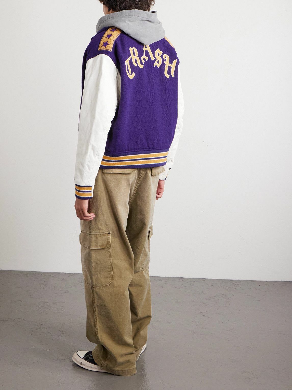 Needles - Cropped Leather-Trimmed Melton Wool Letter Jacket - Purple