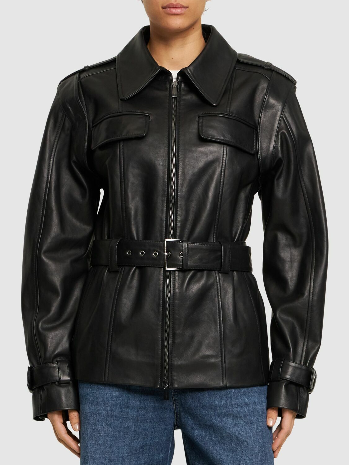 ALBERTA FERRETTI Belted Leather Jacket Alberta Ferretti