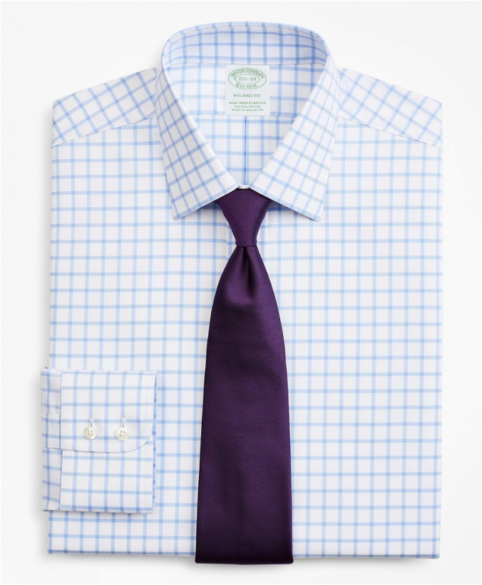 Photo: Brooks Brothers Men's Stretch Milano Slim-Fit Dress Shirt, Non-Iron Twill Ainsley Collar Grid Check | Light Blue