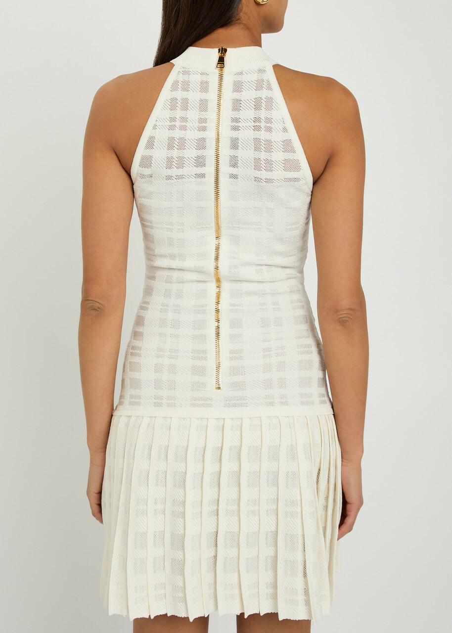 Balmain Checked Pleated Stretch-knit Mini Dress Natural