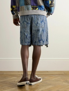 KAPITAL - Magpie Straight-Leg Frayed Denim-Jacquard Drawstring Shorts - Blue