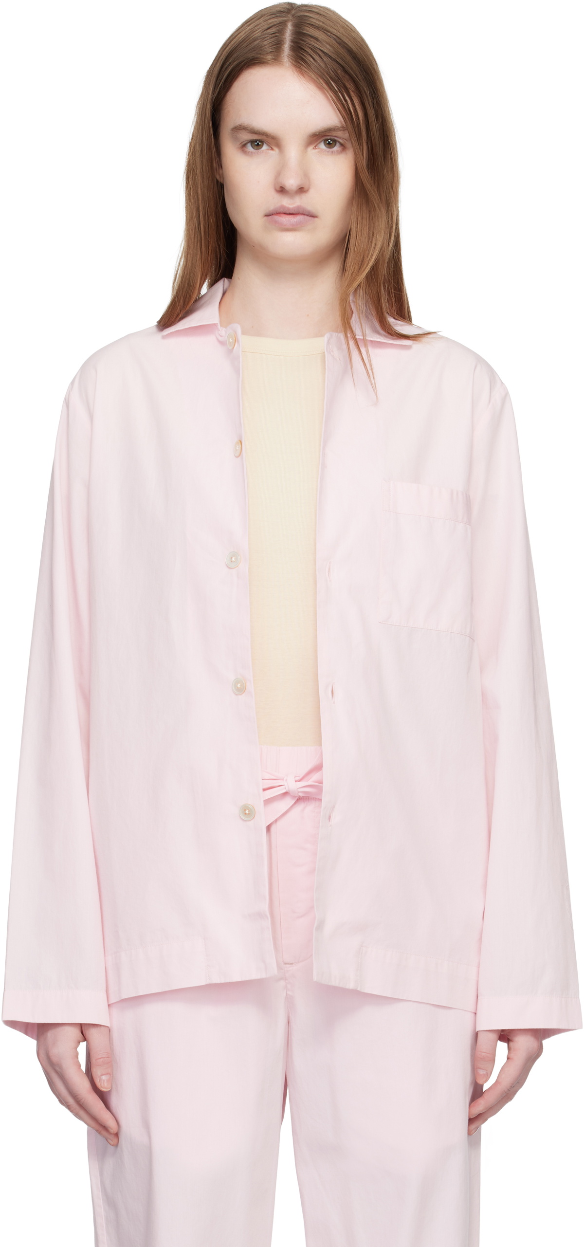 Tekla Pink Poplin Long-Sleeved Pyjama Shirt
