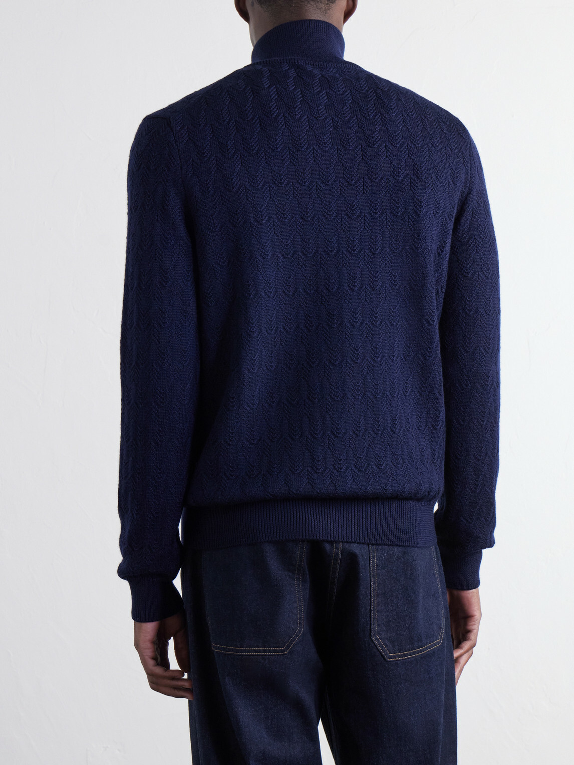 Mr P. - Pointelle-Knit Merino Wool Zip-Up Cardigan - Blue