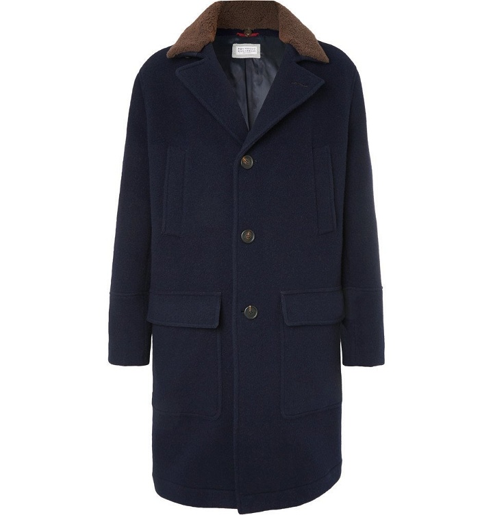 Photo: Brunello Cucinelli - Shearling-Trimmed Virgin Wool and Cashmere-Blend Coat - Men - Navy