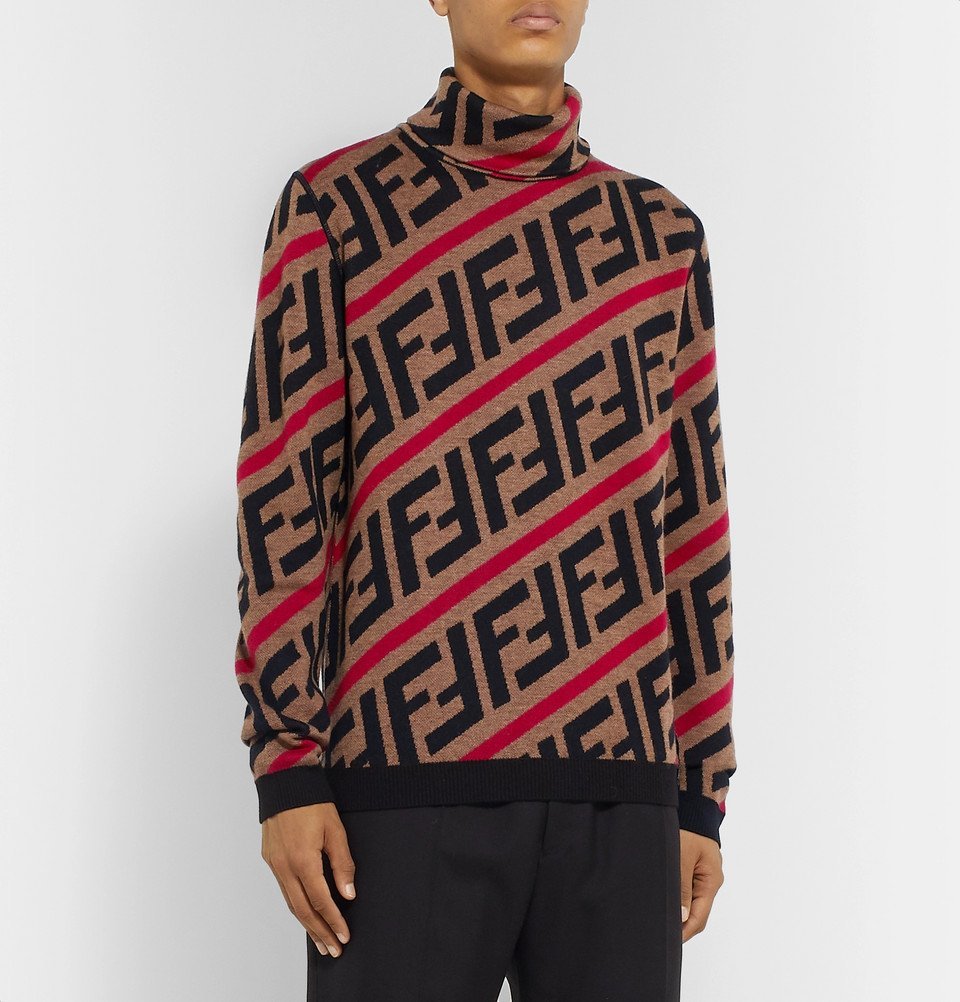 Fendi Logo Jacquard Wool Rollneck Sweater Brown Fendi