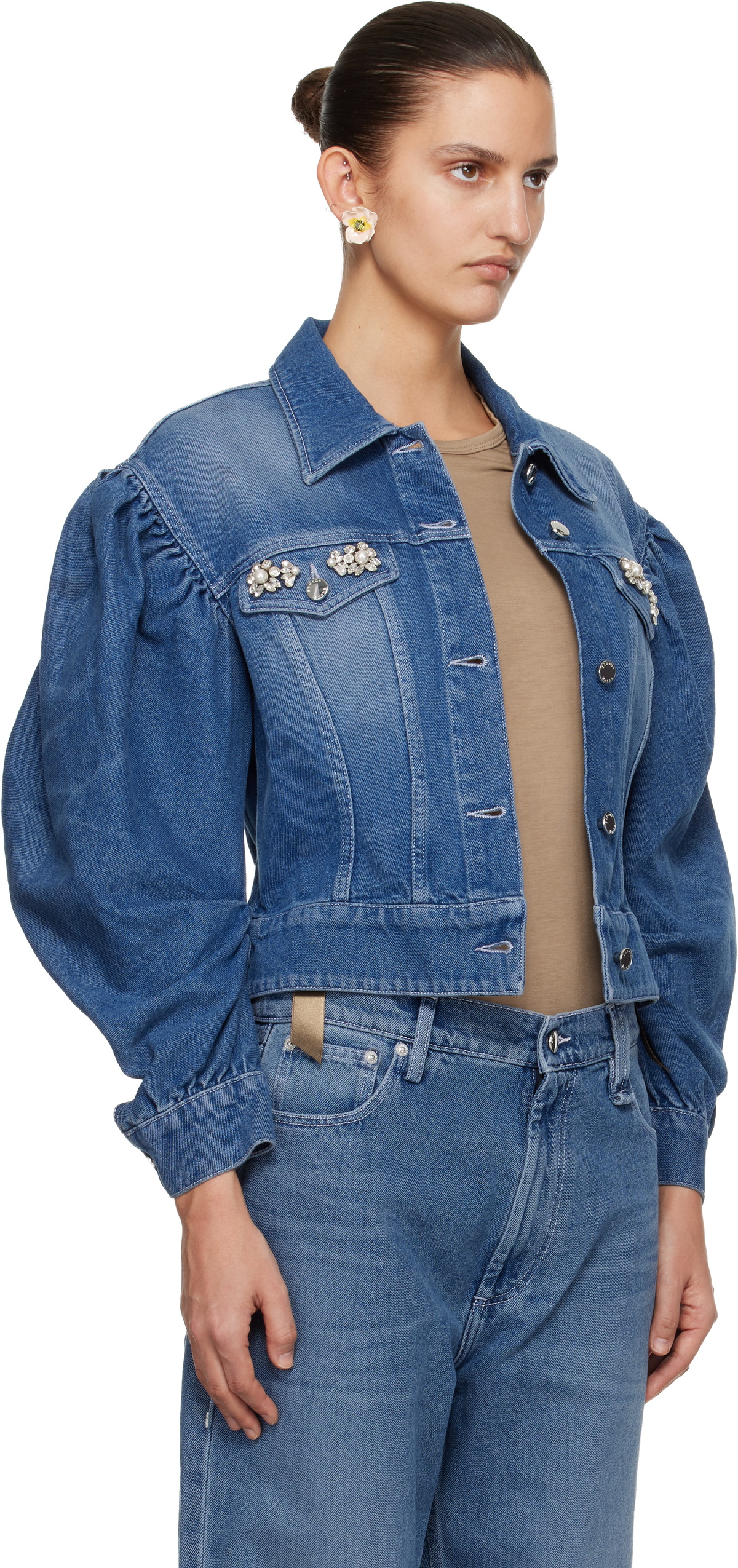 Simone Rocha Blue Embellished Sculpted Draped Sleeve Denim Jacket