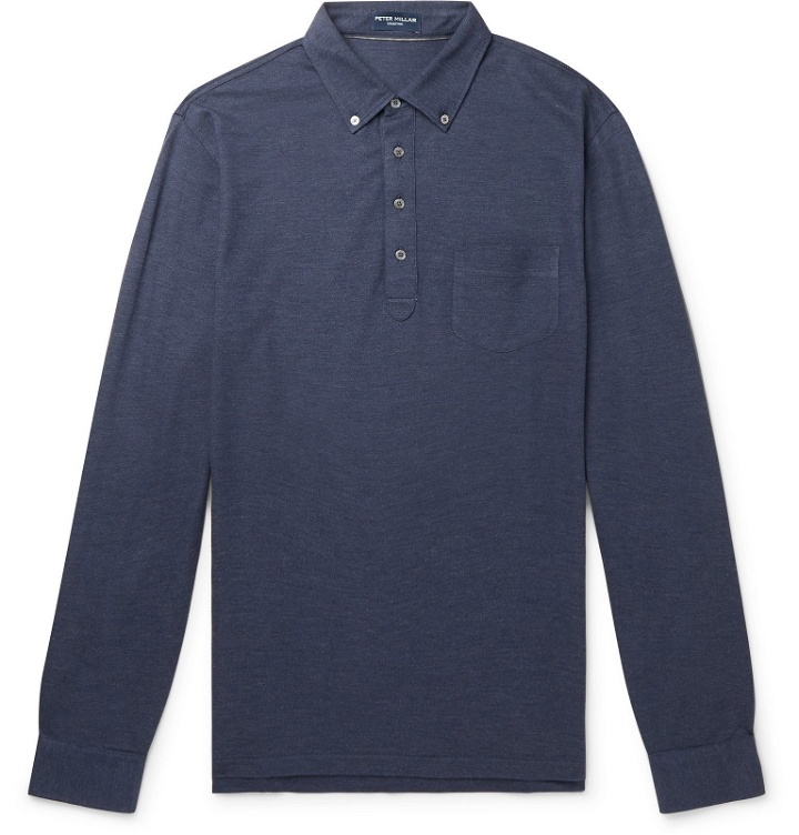 Photo: Peter Millar - Button-Down Collar Mélange Silk and Cotton-Blend Polo Shirt - Blue