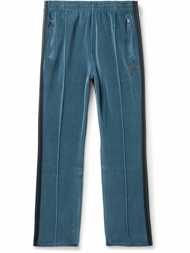 Photo: Needles - Webbing-Trimmed Logo-Embroidered Cotton-Blend Velour Track Pants - Blue