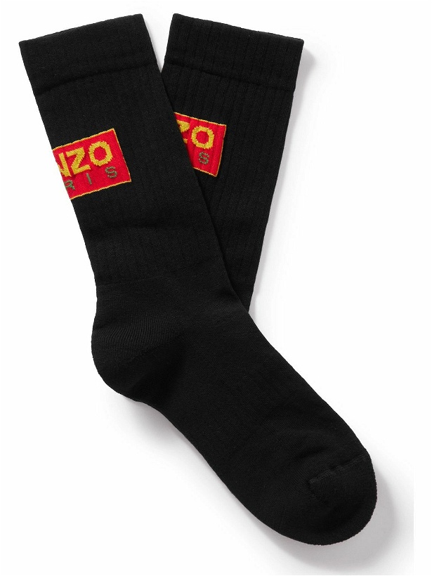 Photo: KENZO - Logo-Intarsia Ribbed Cotton-Blend Socks - Black
