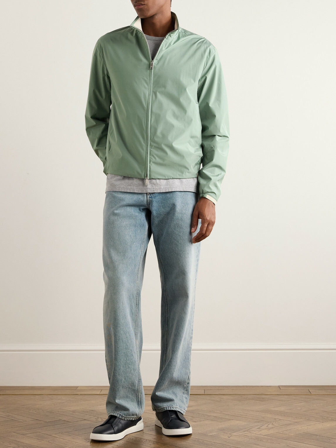 Zegna - Leather-Trimmed Silk Bomber Jacket - Green