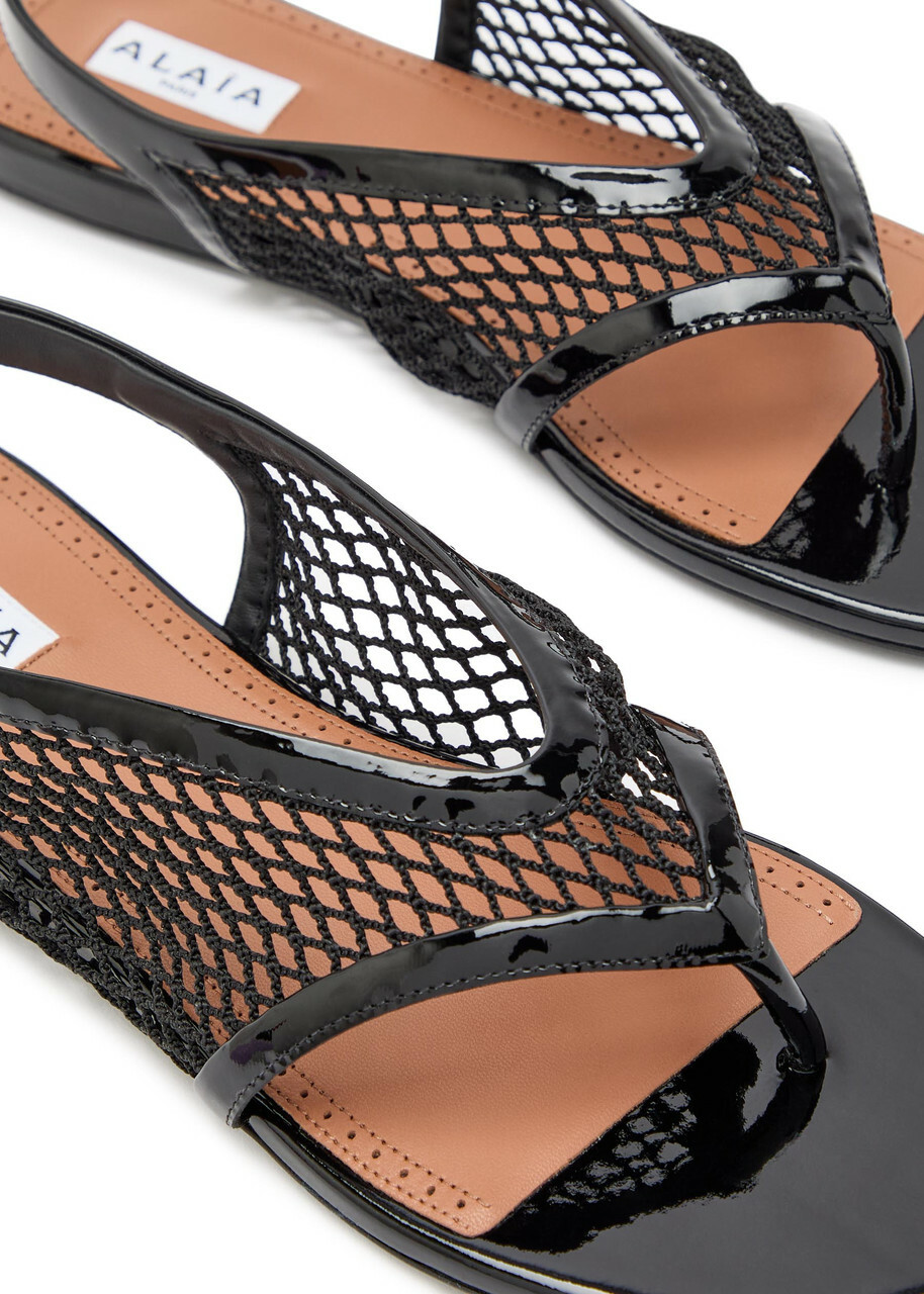 Alaïa Fishnet Patent Leather Thong Sandals Black