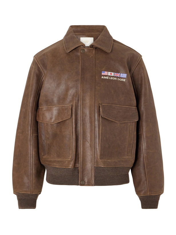 Photo: Aimé Leon Dore - World's Borough Logo-Print Leather Jacket - Brown