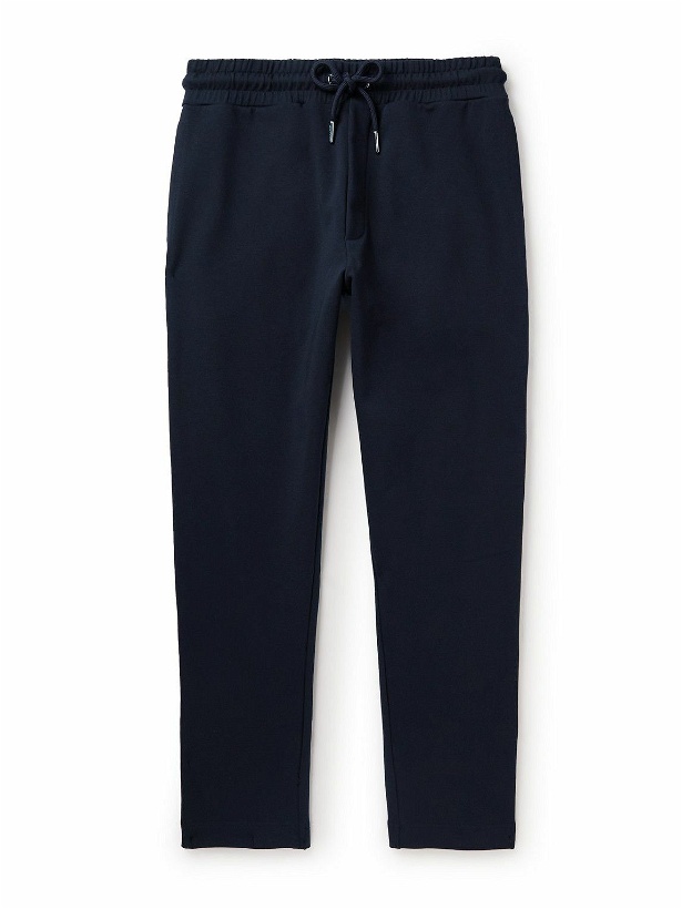 Photo: Moncler - Tapered Webbing-Trimmed Stretch-Cotton Jersey Sweatpants - Blue