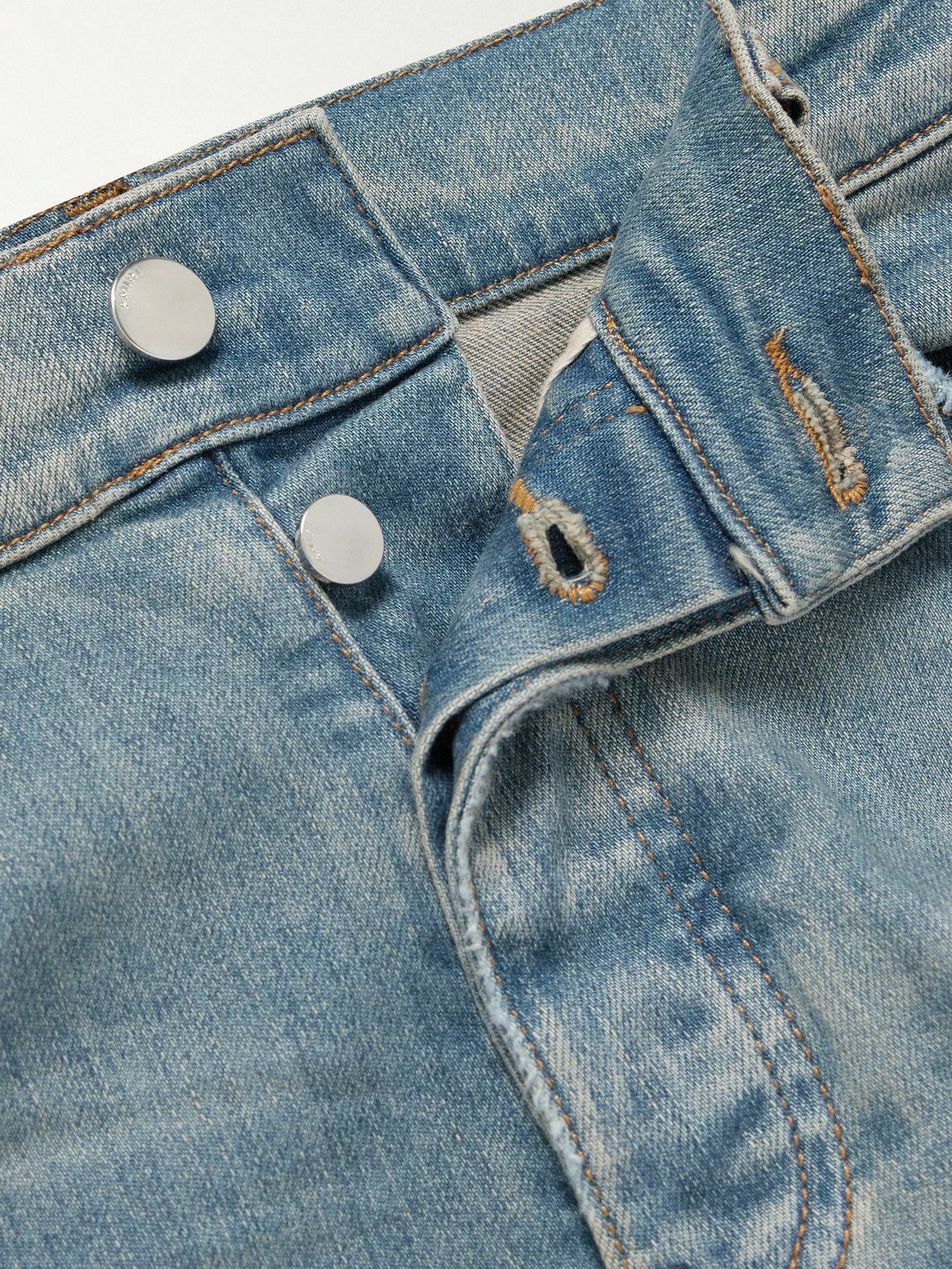 AMIRI - Slim-Fit Straight-Leg Logo-Appliquéd Panelled Distressed Jeans - Blue