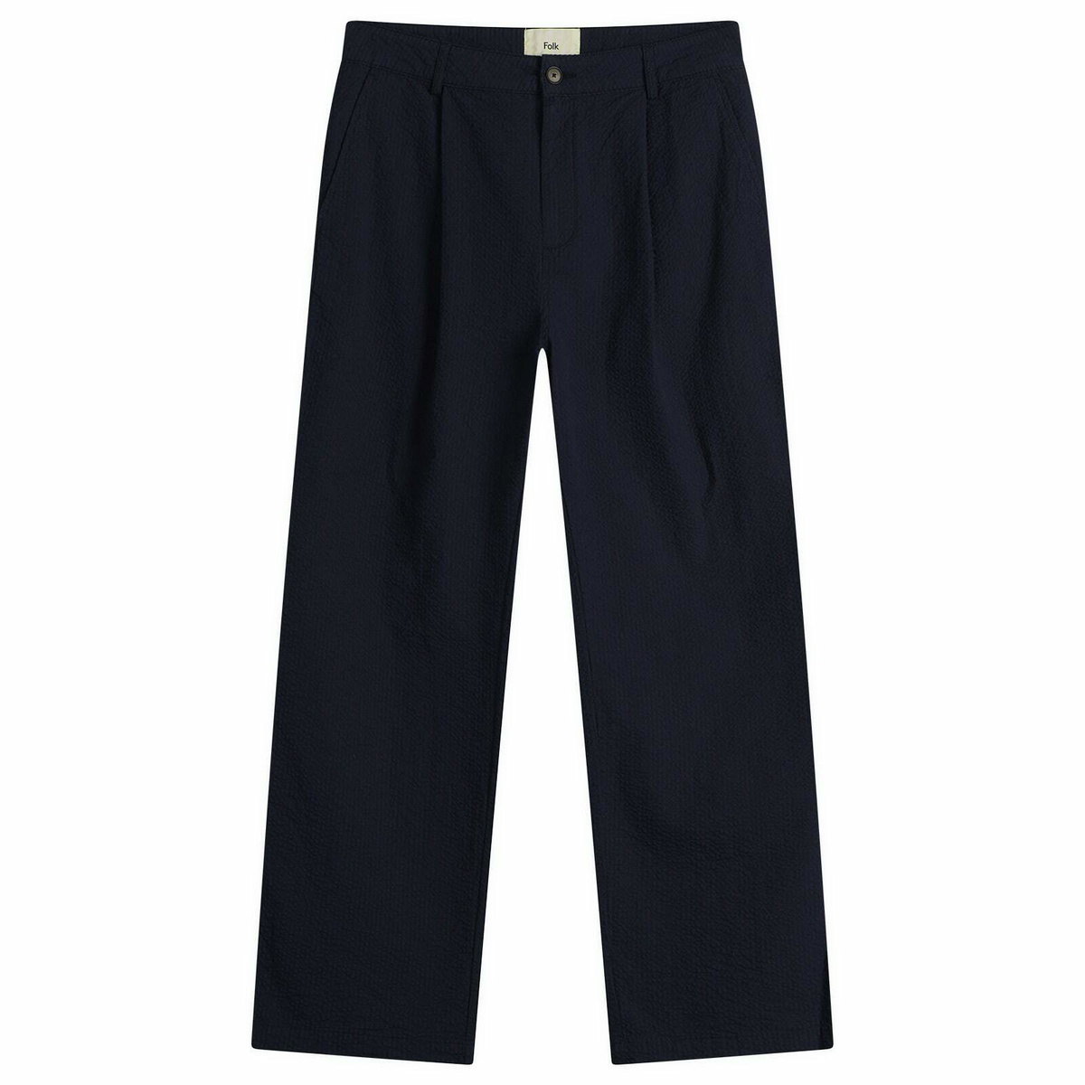 Folk Men's Wide Fit Trouser in Navy Crinkle Stripe