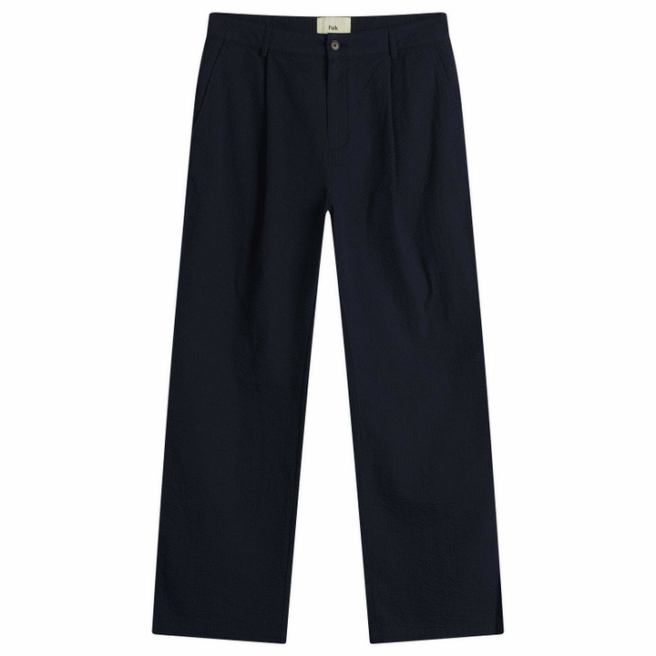 Photo: Folk Men's Wide Fit Trouser in Navy Crinkle Stripe