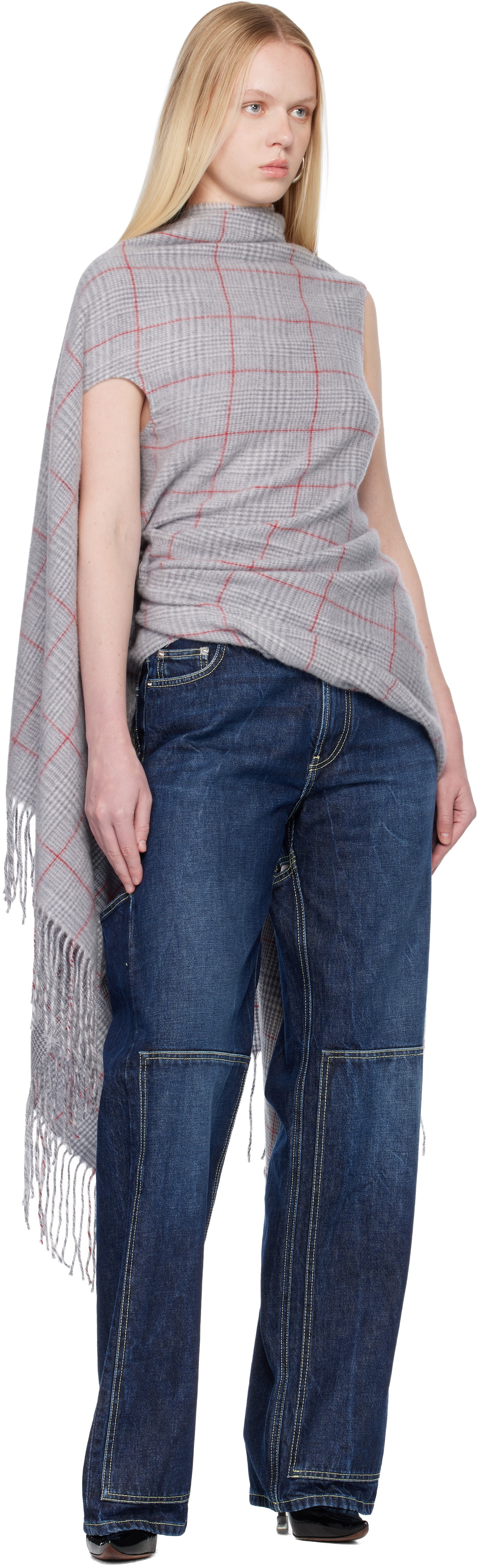 Jean Paul Gaultier Gray Back Closure Scarf Draped Blouse