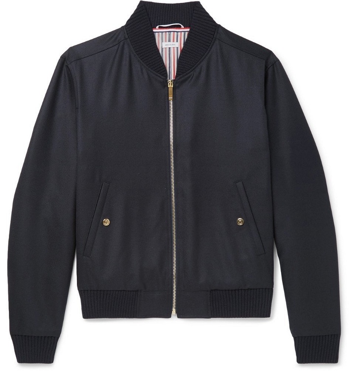 Photo: Thom Browne - Grosgrain-Trimmed Wool-Twill Bomber Jacket - Navy