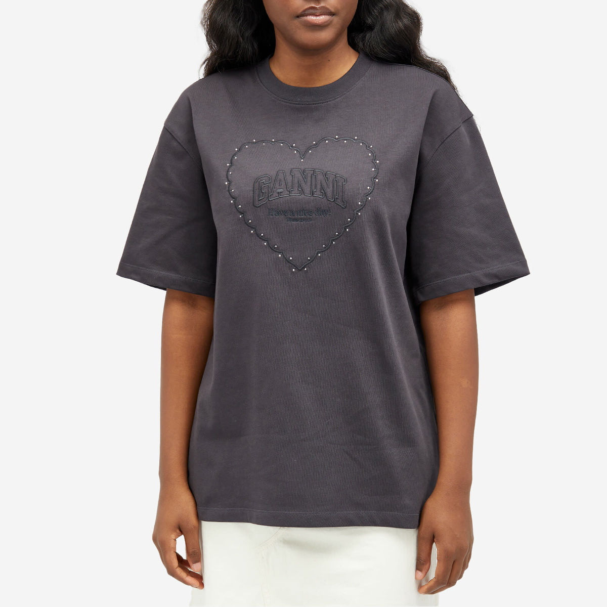 Tシャツ・カットソー Ganni HEAVY COTTON DROP SHOULDER HEART TSHIRT Bright White White Heavy Cotton Drop Shoulder Heart T-shirt