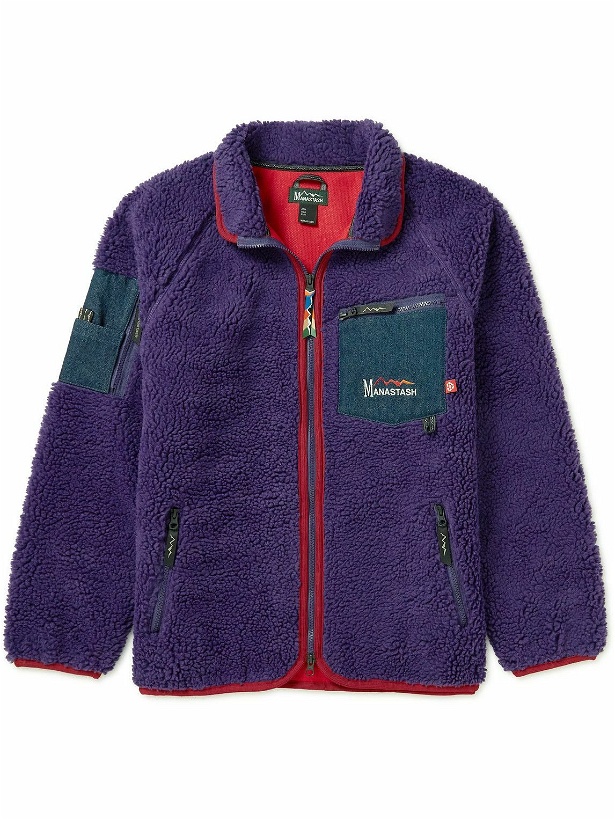 Photo: MANASTASH - Mt. Gorilla Logo-Embroidered Denim-Trimmed Fleece Jacket - Purple
