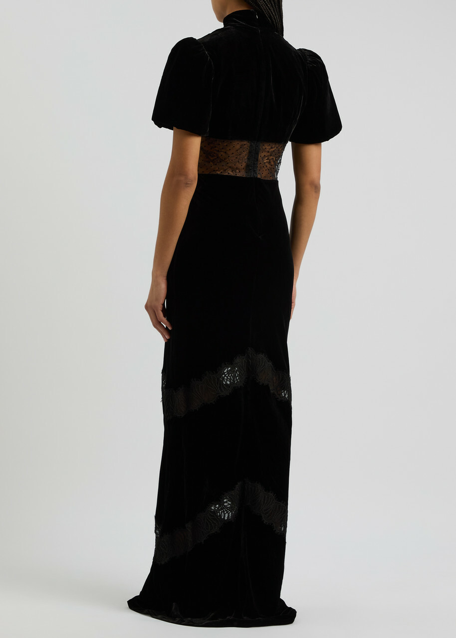 関税込【REBECCA VALLANCE】ベルベット ングドレス Rebecca Vallance Ethel Lace-panelled Velvet Gown Black