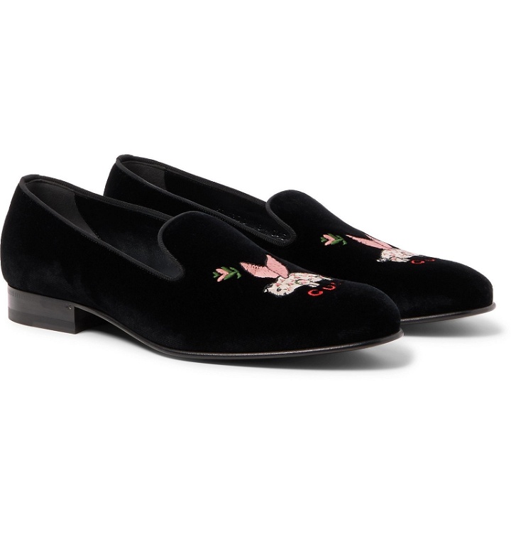 Photo: Gucci - Grosgrain-Trimmed Embroidered Velvet Loafers - Black