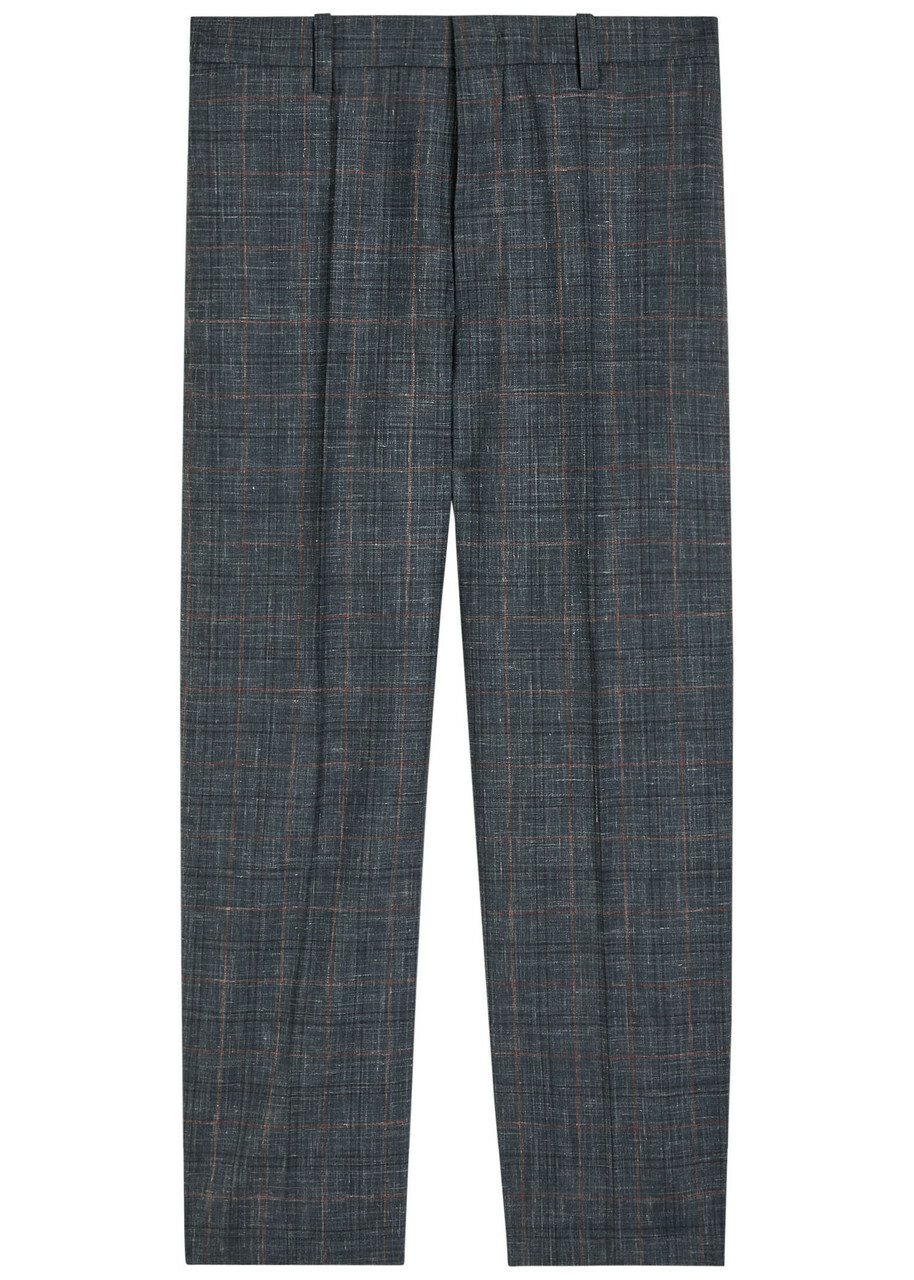 Jil Sander Checked Straight-leg Wool and Linen-blend Trousers Black