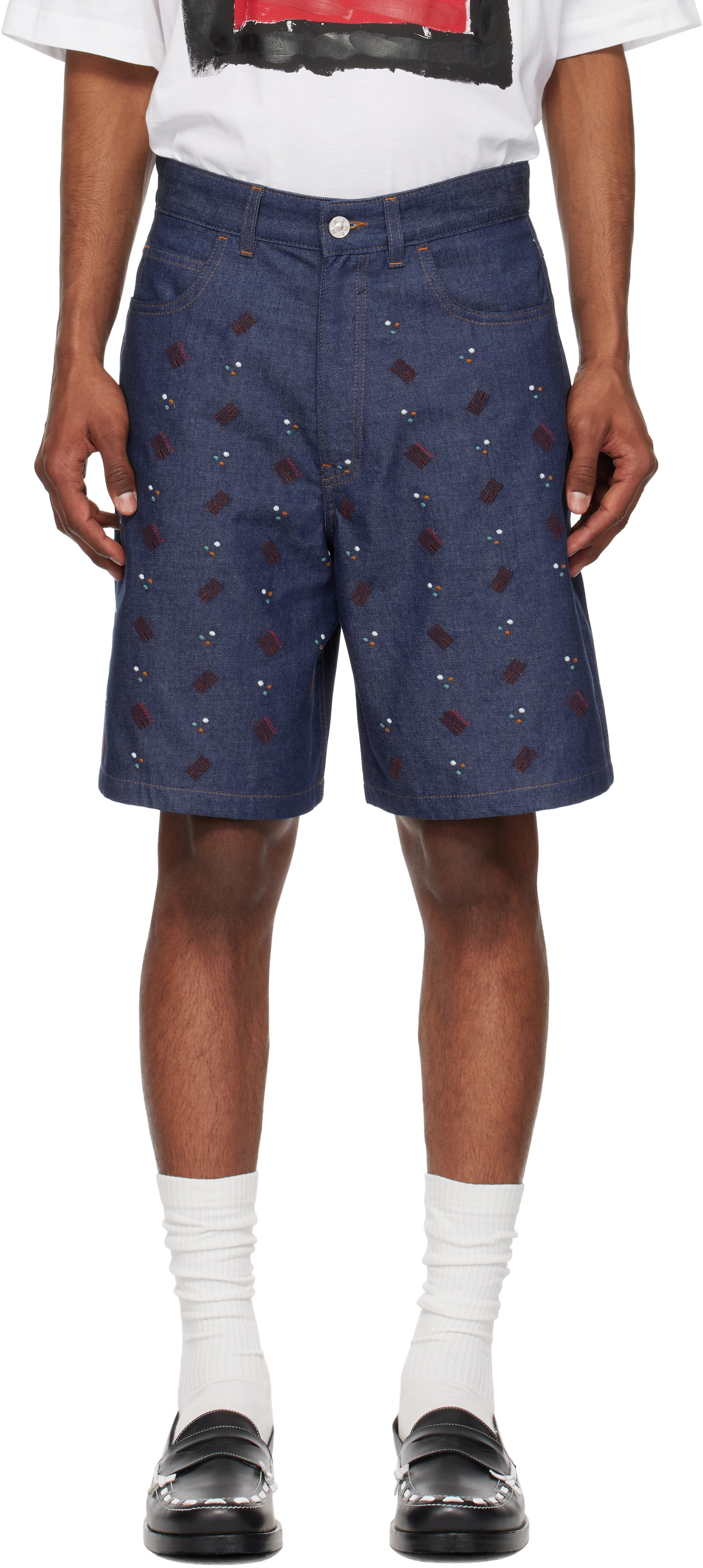 Marni Navy Embroidered Denim Shorts