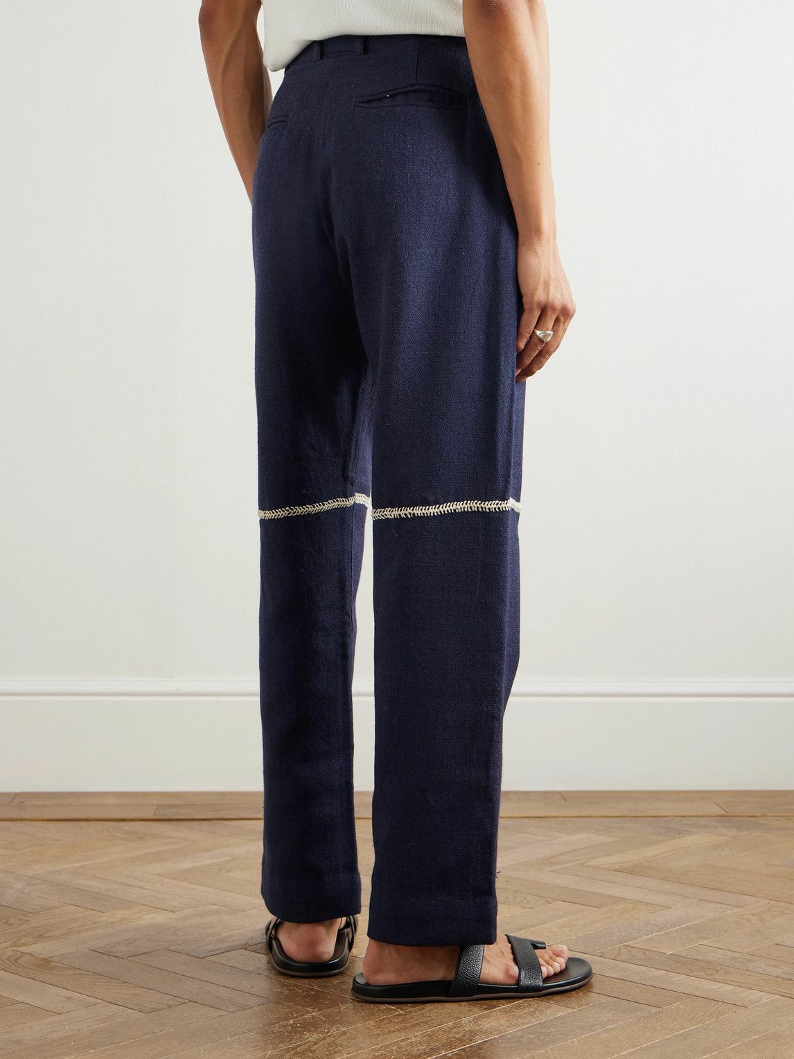 Kartik Research - Rabari Straight-Leg Embroidered Textured-Wool Trousers - Blue